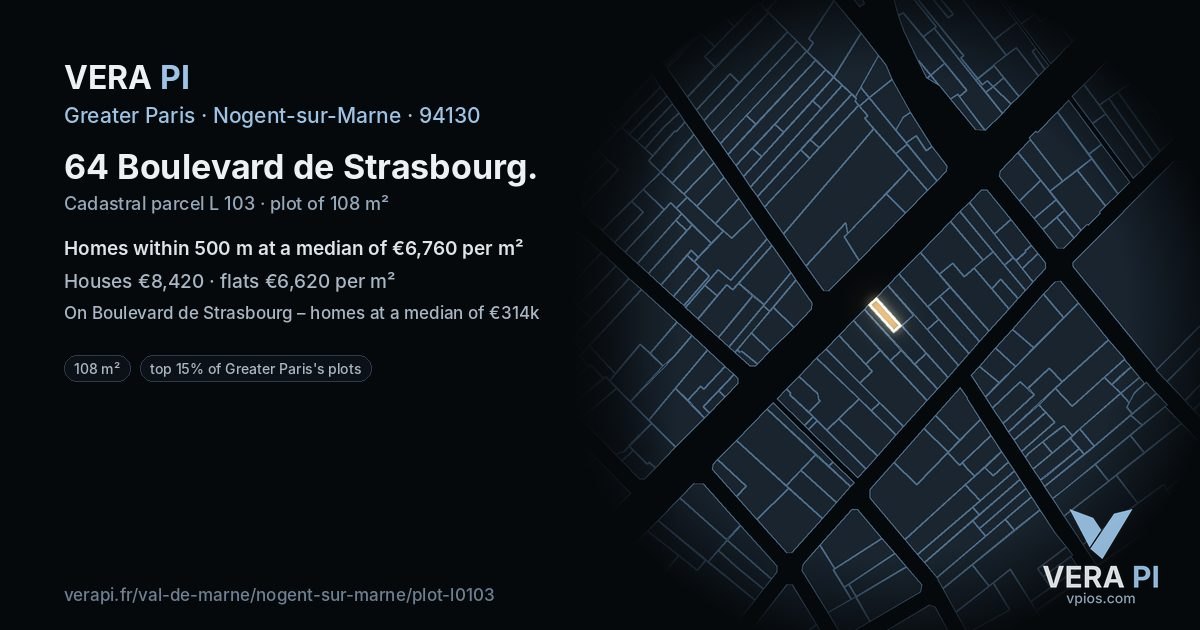 64 Boulevard de Strasbourg, Nogent-sur-Marne at night – the plot lit, the parcels around coloured by the prices near them