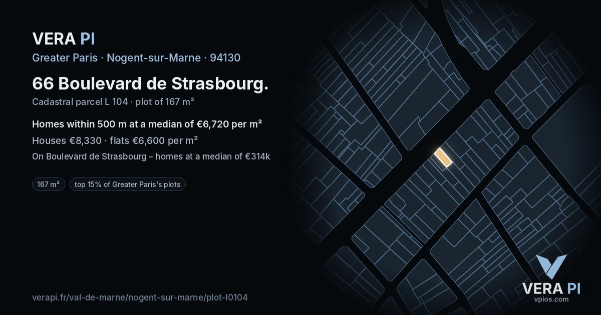 66 Boulevard de Strasbourg, Nogent-sur-Marne at night – the plot lit, the parcels around coloured by the prices near them