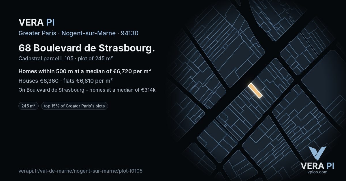 68 Boulevard de Strasbourg, Nogent-sur-Marne at night – the plot lit, the parcels around coloured by the prices near them