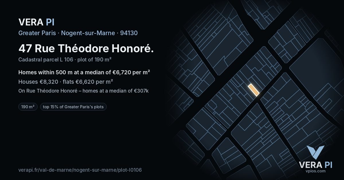 47 Rue Théodore Honoré, Nogent-sur-Marne at night – the plot lit, the parcels around coloured by the prices near them