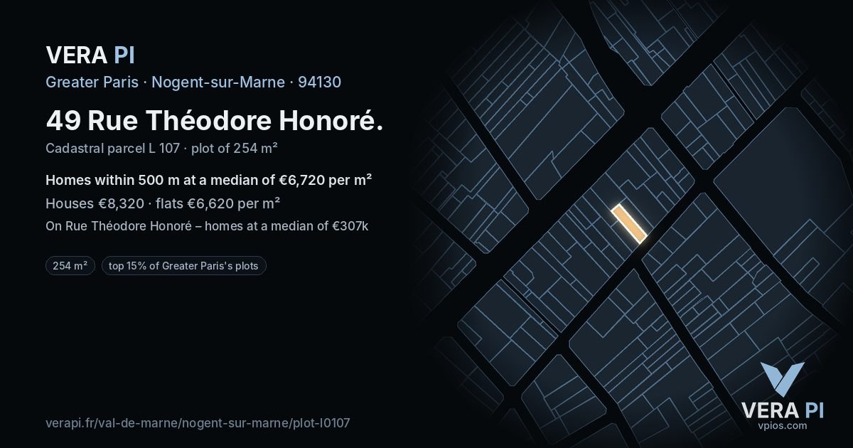 49 Rue Théodore Honoré, Nogent-sur-Marne at night – the plot lit, the parcels around coloured by the prices near them