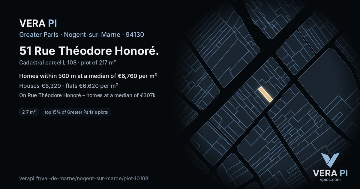 51 Rue Théodore Honoré, Nogent-sur-Marne at night – the plot lit, the parcels around coloured by the prices near them