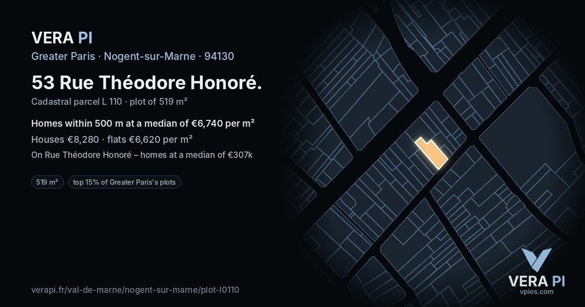 53 Rue Théodore Honoré, Nogent-sur-Marne at night – the plot lit, the parcels around coloured by the prices near them
