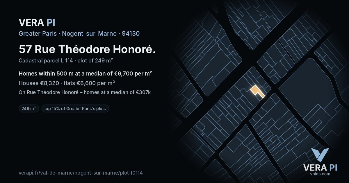 57 Rue Théodore Honoré, Nogent-sur-Marne at night – the plot lit, the parcels around coloured by the prices near them