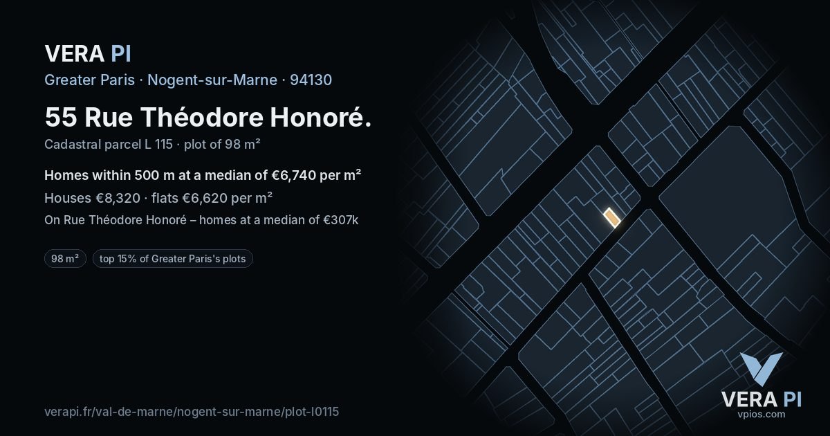 55 Rue Théodore Honoré, Nogent-sur-Marne at night – the plot lit, the parcels around coloured by the prices near them