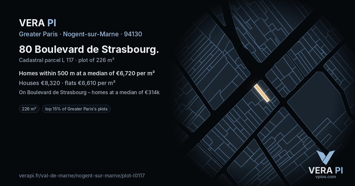 80 Boulevard de Strasbourg, Nogent-sur-Marne at night – the plot lit, the parcels around coloured by the prices near them