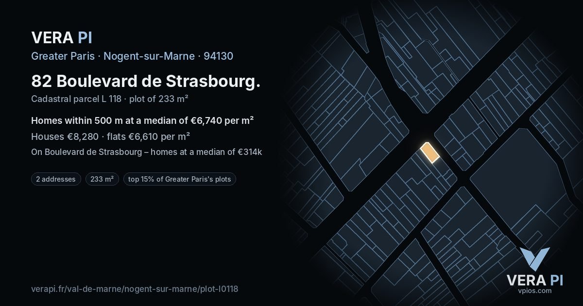 82 Boulevard de Strasbourg, Nogent-sur-Marne at night – the plot lit, the parcels around coloured by the prices near them