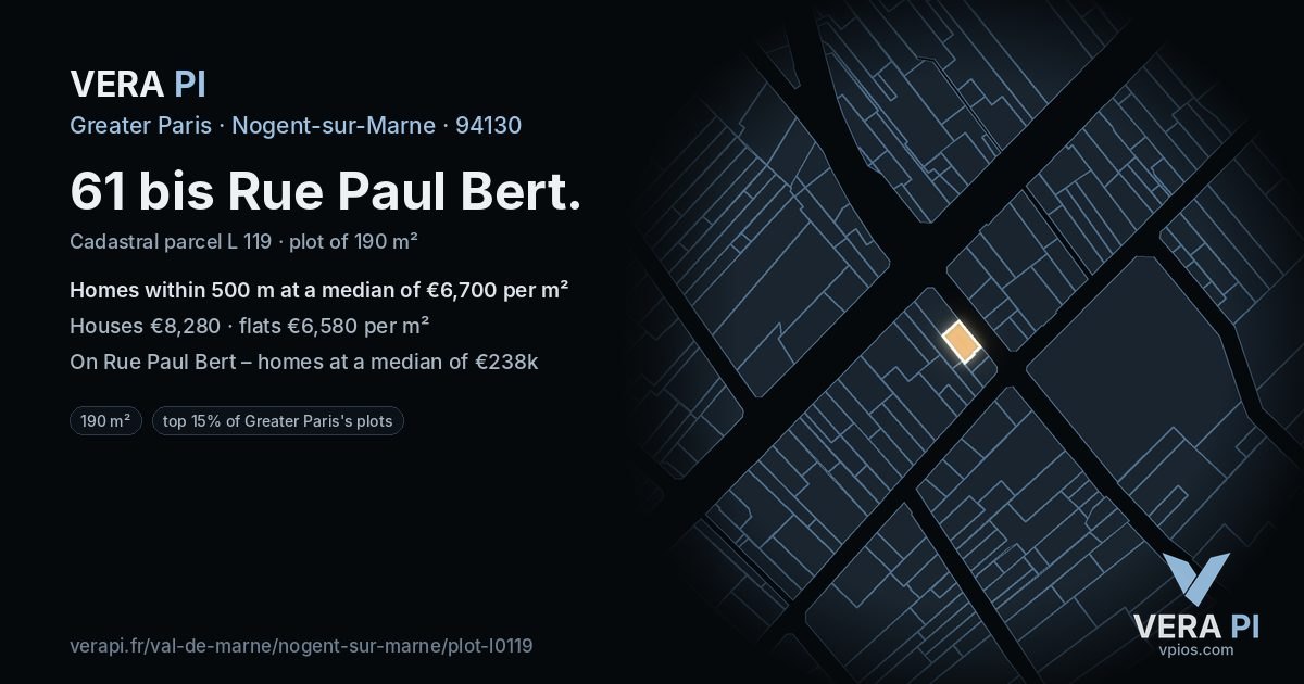 61 bis Rue Paul Bert, Nogent-sur-Marne at night – the plot lit, the parcels around coloured by the prices near them