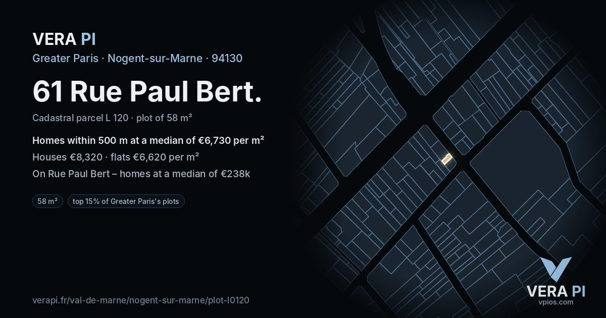 61 Rue Paul Bert, Nogent-sur-Marne at night – the plot lit, the parcels around coloured by the prices near them