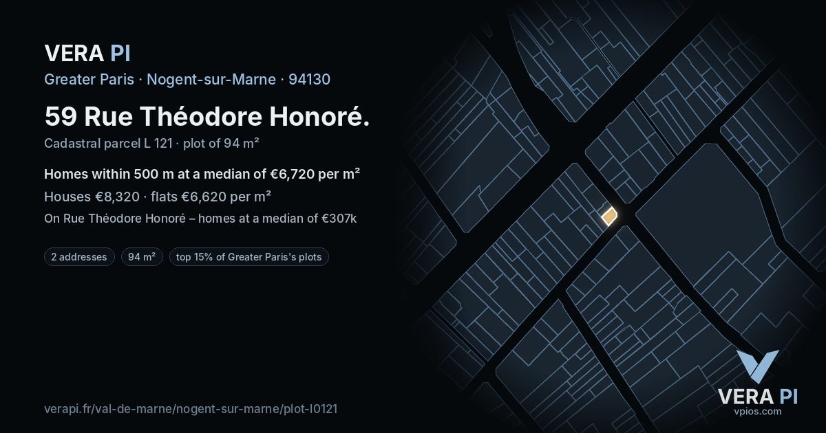 59 Rue Théodore Honoré, Nogent-sur-Marne at night – the plot lit, the parcels around coloured by the prices near them