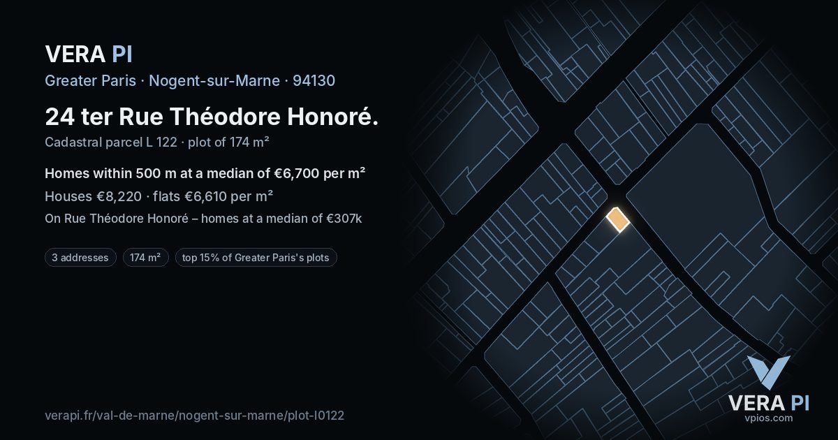 24 ter Rue Théodore Honoré, Nogent-sur-Marne at night – the plot lit, the parcels around coloured by the prices near them