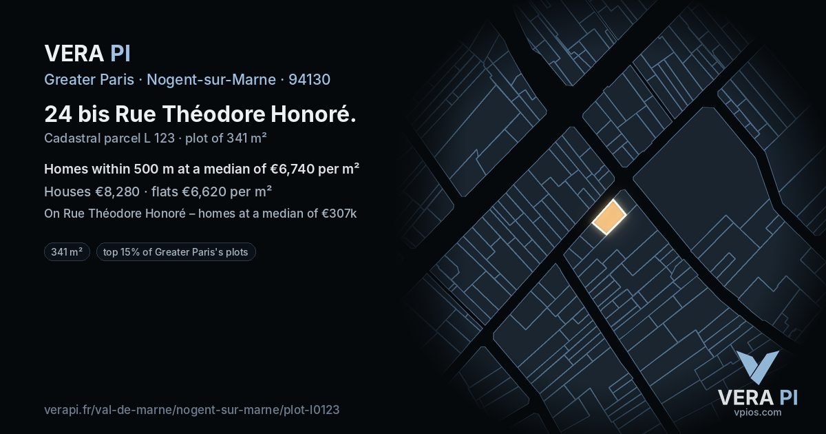 24 bis Rue Théodore Honoré, Nogent-sur-Marne at night – the plot lit, the parcels around coloured by the prices near them