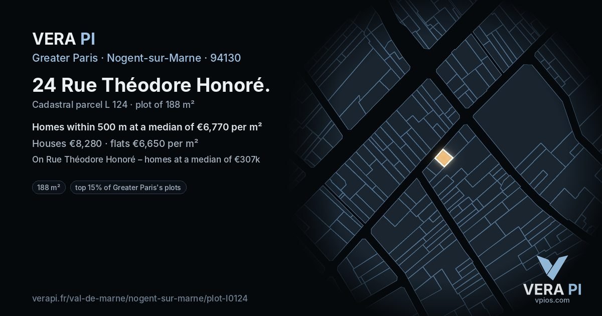 24 Rue Théodore Honoré, Nogent-sur-Marne at night – the plot lit, the parcels around coloured by the prices near them