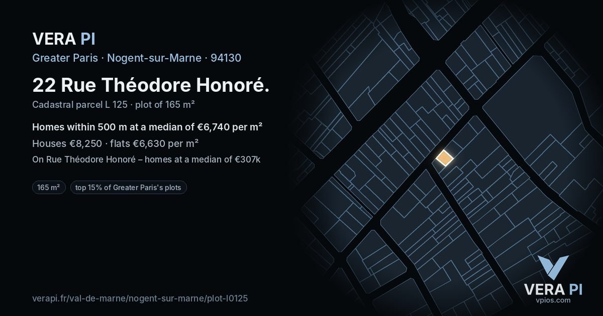 22 Rue Théodore Honoré, Nogent-sur-Marne at night – the plot lit, the parcels around coloured by the prices near them