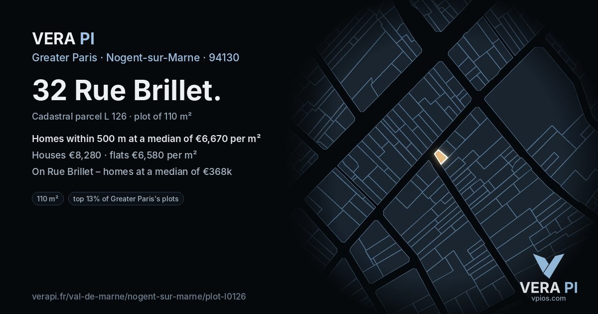 32 Rue Brillet, Nogent-sur-Marne at night – the plot lit, the parcels around coloured by the prices near them