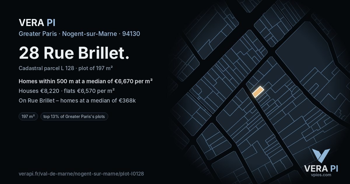 28 Rue Brillet, Nogent-sur-Marne at night – the plot lit, the parcels around coloured by the prices near them