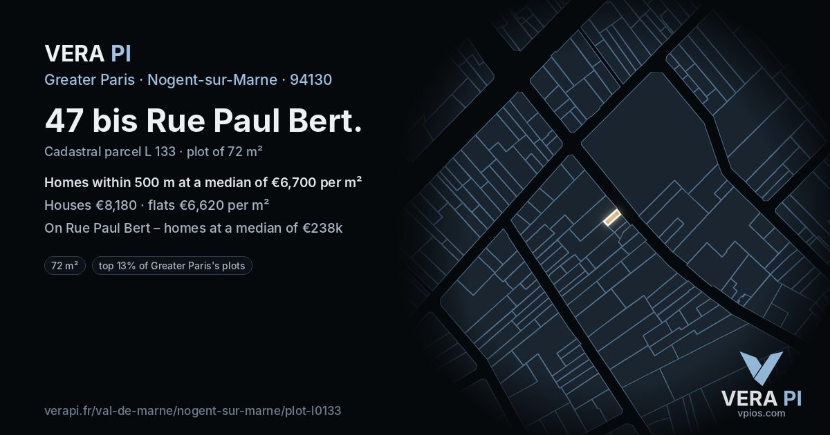 47 bis Rue Paul Bert, Nogent-sur-Marne at night – the plot lit, the parcels around coloured by the prices near them