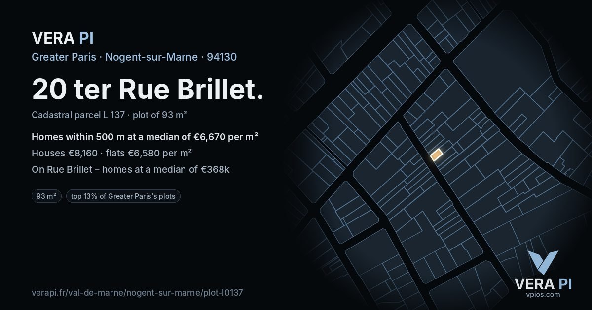 20 ter Rue Brillet, Nogent-sur-Marne at night – the plot lit, the parcels around coloured by the prices near them