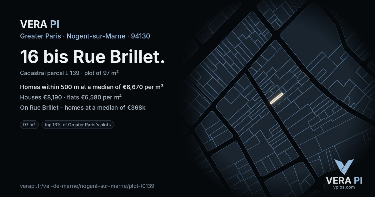 16 bis Rue Brillet, Nogent-sur-Marne at night – the plot lit, the parcels around coloured by the prices near them
