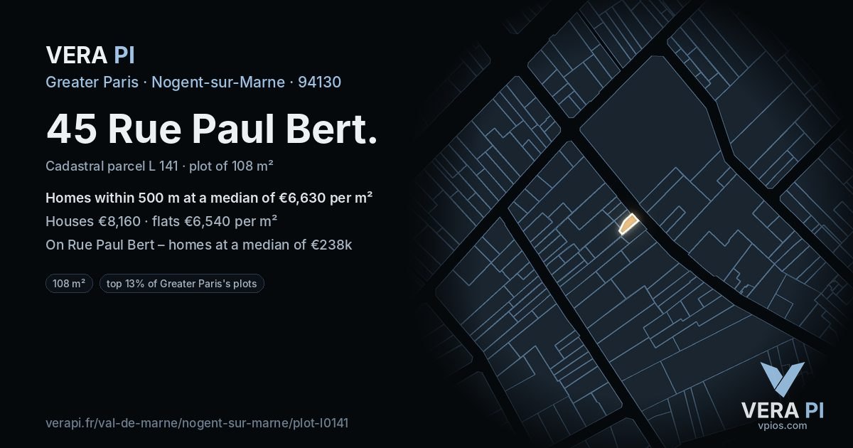 45 Rue Paul Bert, Nogent-sur-Marne at night – the plot lit, the parcels around coloured by the prices near them