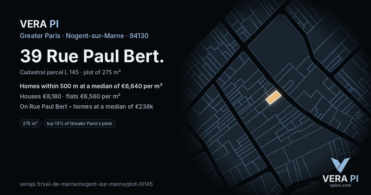 39 Rue Paul Bert, Nogent-sur-Marne at night – the plot lit, the parcels around coloured by the prices near them