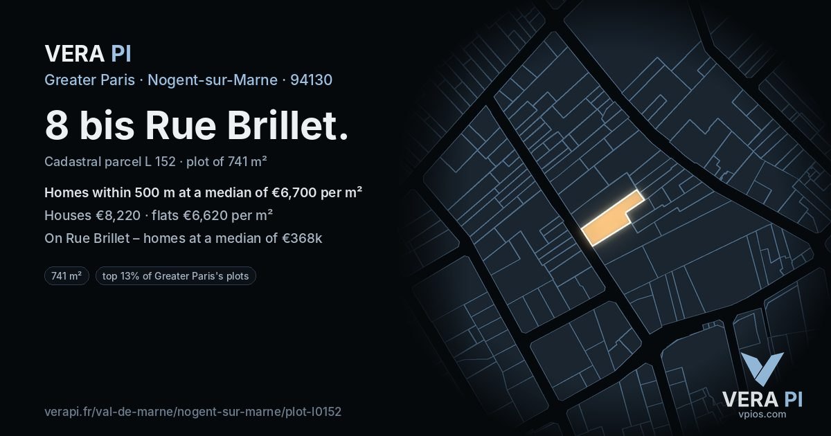 8 bis Rue Brillet, Nogent-sur-Marne at night – the plot lit, the parcels around coloured by the prices near them