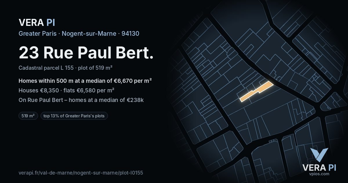 23 Rue Paul Bert, Nogent-sur-Marne at night – the plot lit, the parcels around coloured by the prices near them