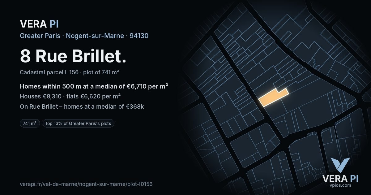 8 Rue Brillet, Nogent-sur-Marne at night – the plot lit, the parcels around coloured by the prices near them