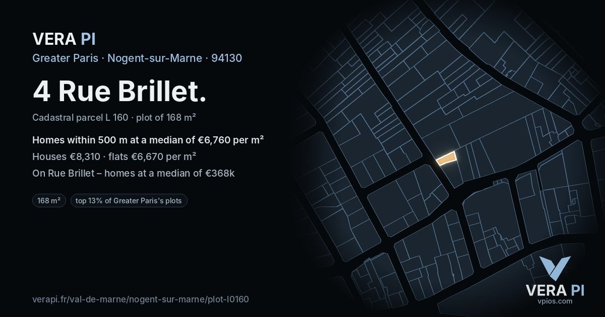 4 Rue Brillet, Nogent-sur-Marne at night – the plot lit, the parcels around coloured by the prices near them