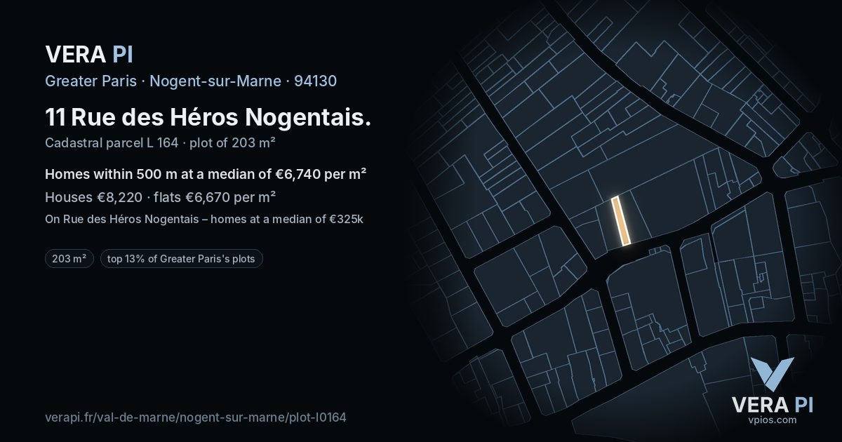 11 Rue des Héros Nogentais, Nogent-sur-Marne at night – the plot lit, the parcels around coloured by the prices near them