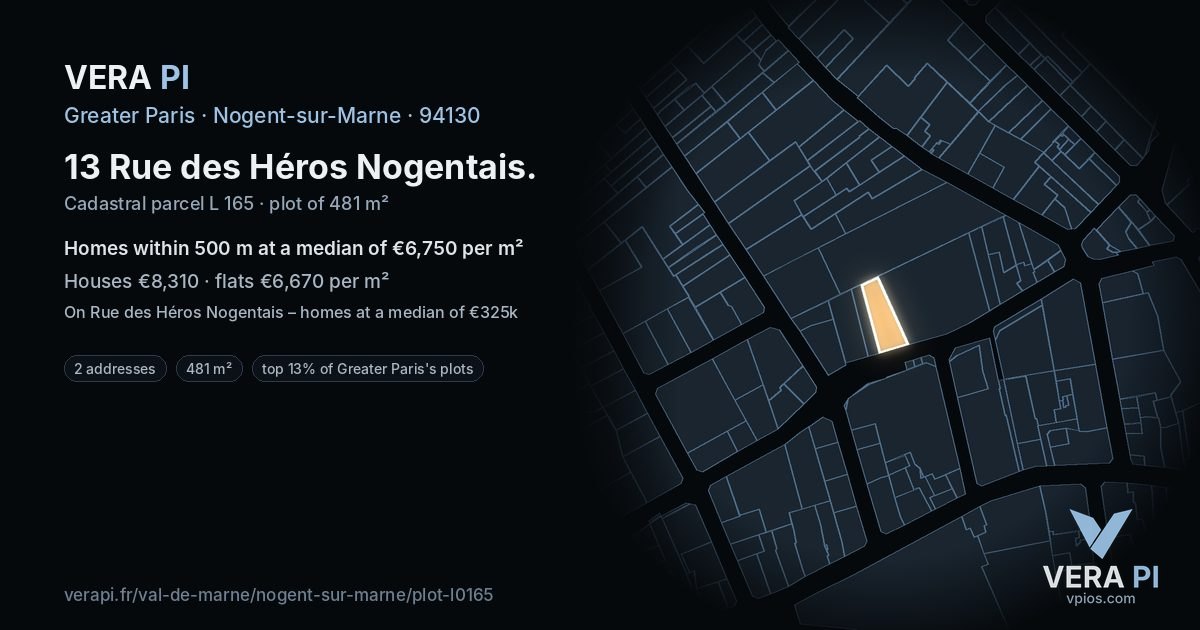 13 Rue des Héros Nogentais, Nogent-sur-Marne at night – the plot lit, the parcels around coloured by the prices near them