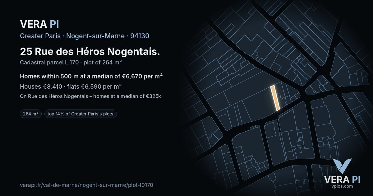 25 Rue des Héros Nogentais, Nogent-sur-Marne at night – the plot lit, the parcels around coloured by the prices near them