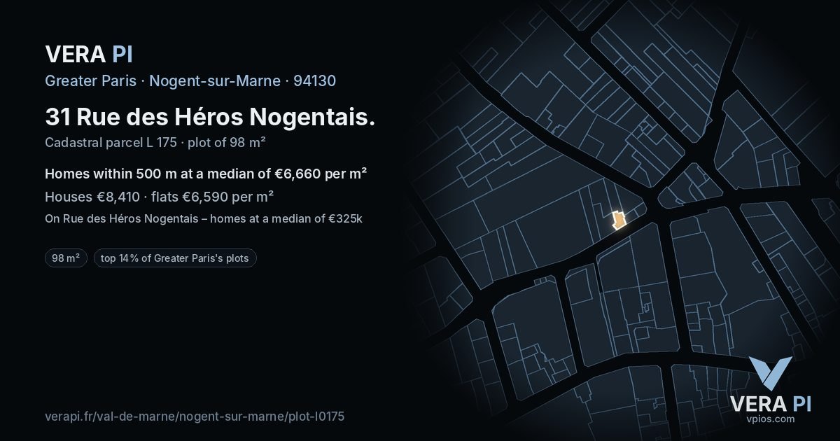 31 Rue des Héros Nogentais, Nogent-sur-Marne at night – the plot lit, the parcels around coloured by the prices near them