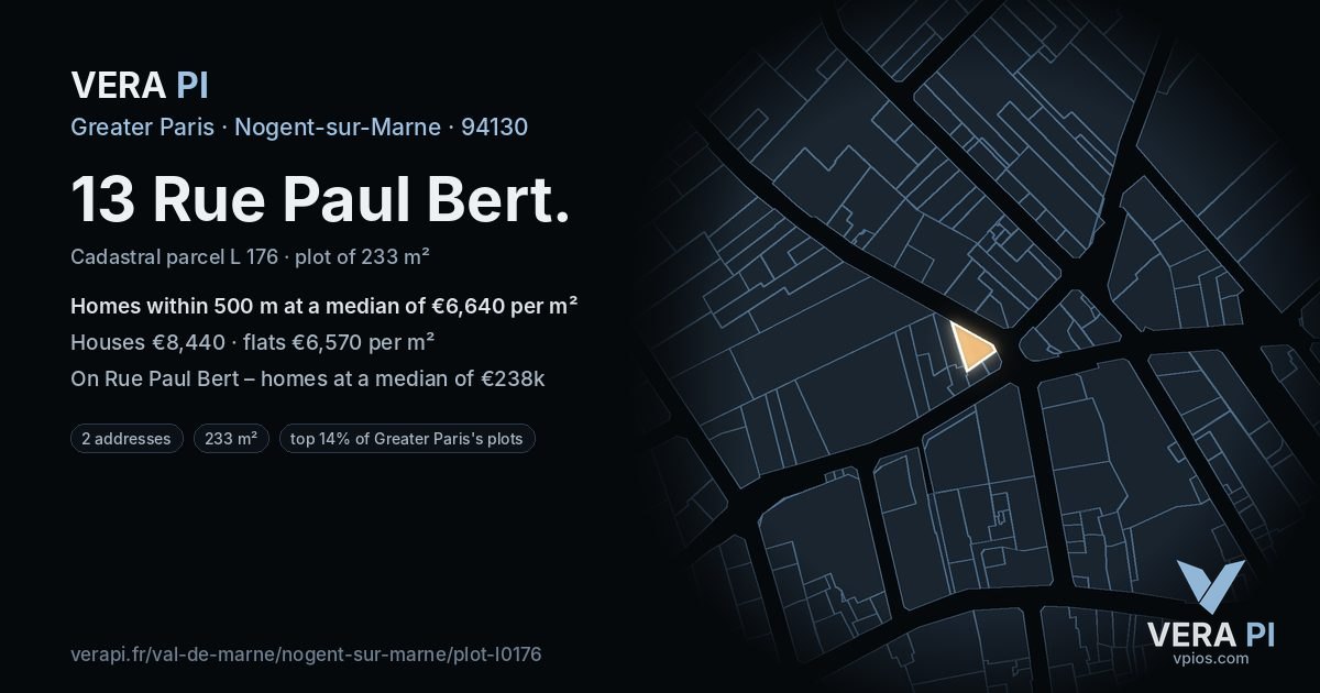 13 Rue Paul Bert, Nogent-sur-Marne at night – the plot lit, the parcels around coloured by the prices near them