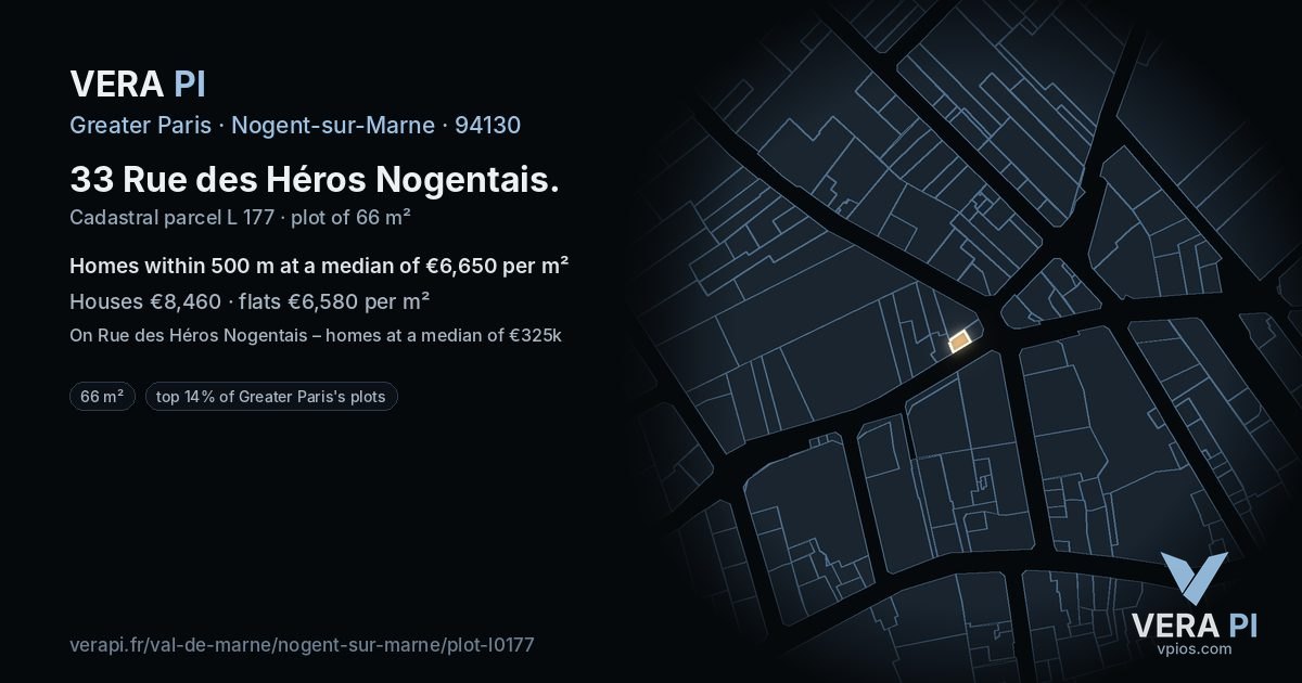 33 Rue des Héros Nogentais, Nogent-sur-Marne at night – the plot lit, the parcels around coloured by the prices near them