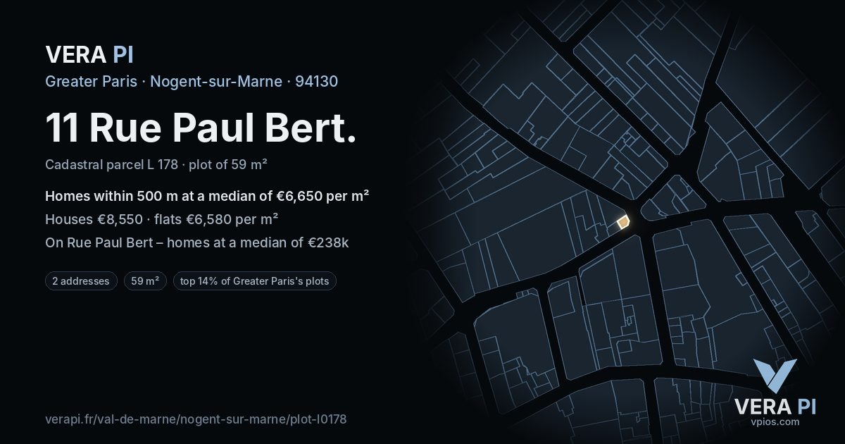 11 Rue Paul Bert, Nogent-sur-Marne at night – the plot lit, the parcels around coloured by the prices near them