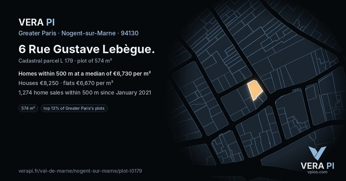 6 Rue Gustave Lebègue, Nogent-sur-Marne at night – the plot lit, the parcels around coloured by the prices near them