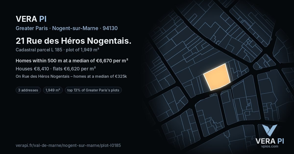21 Rue des Héros Nogentais, Nogent-sur-Marne at night – the plot lit, the parcels around coloured by the prices near them