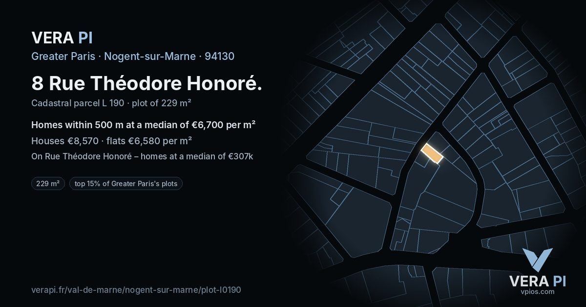 8 Rue Théodore Honoré, Nogent-sur-Marne at night – the plot lit, the parcels around coloured by the prices near them