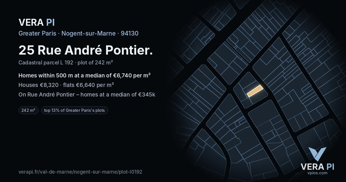 25 Rue André Pontier, Nogent-sur-Marne at night – the plot lit, the parcels around coloured by the prices near them