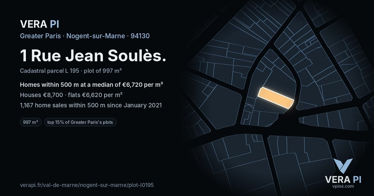 1 Rue Jean Soulès, Nogent-sur-Marne at night – the plot lit, the parcels around coloured by the prices near them