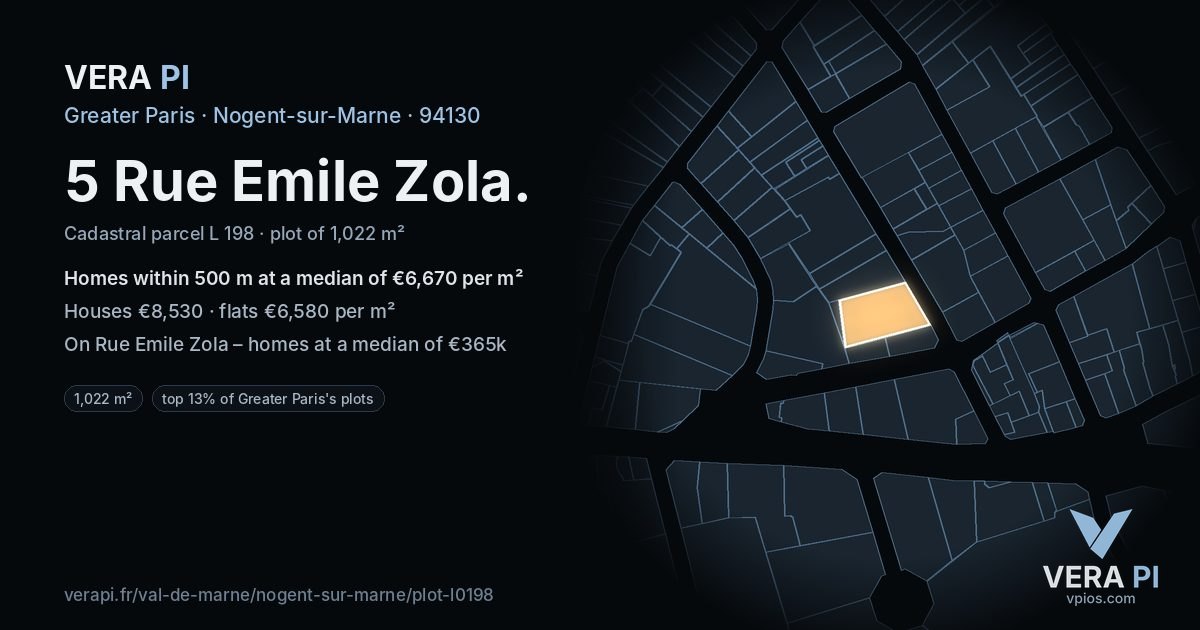 5 Rue Emile Zola, Nogent-sur-Marne at night – the plot lit, the parcels around coloured by the prices near them