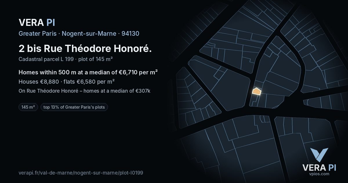 2 bis Rue Théodore Honoré, Nogent-sur-Marne at night – the plot lit, the parcels around coloured by the prices near them