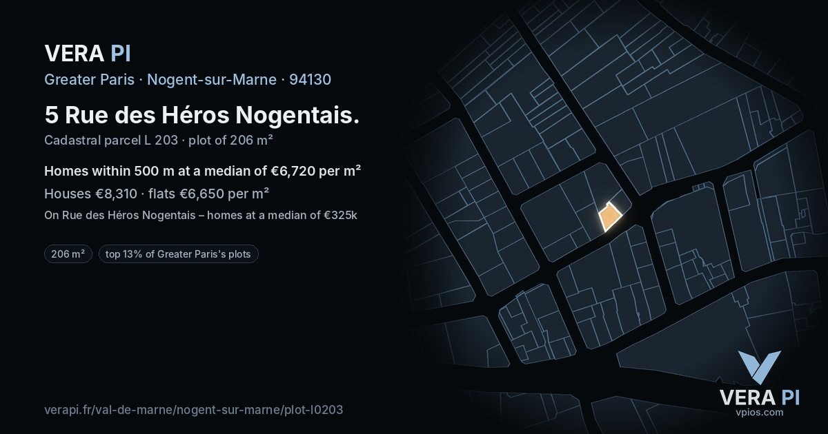 5 Rue des Héros Nogentais, Nogent-sur-Marne at night – the plot lit, the parcels around coloured by the prices near them