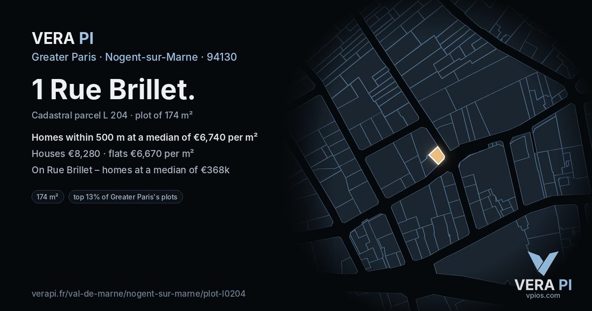 1 Rue Brillet, Nogent-sur-Marne at night – the plot lit, the parcels around coloured by the prices near them
