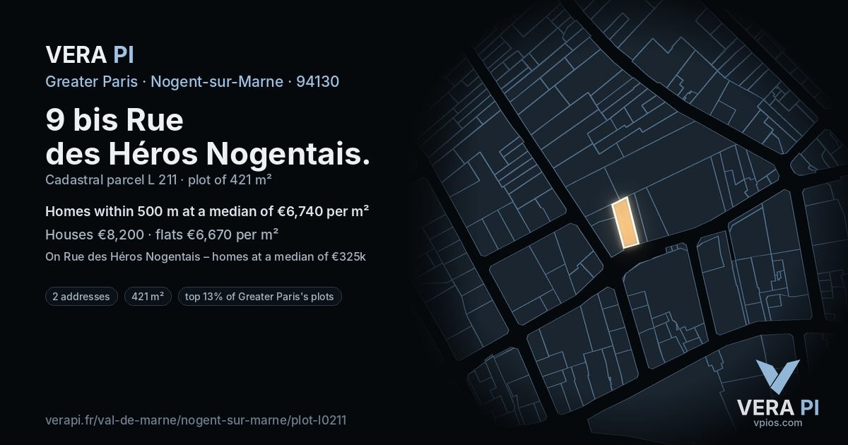 9 bis Rue des Héros Nogentais, Nogent-sur-Marne at night – the plot lit, the parcels around coloured by the prices near them