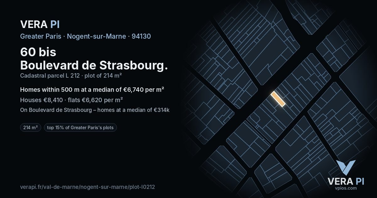 60 bis Boulevard de Strasbourg, Nogent-sur-Marne at night – the plot lit, the parcels around coloured by the prices near them