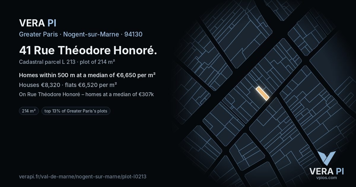 41 Rue Théodore Honoré, Nogent-sur-Marne at night – the plot lit, the parcels around coloured by the prices near them