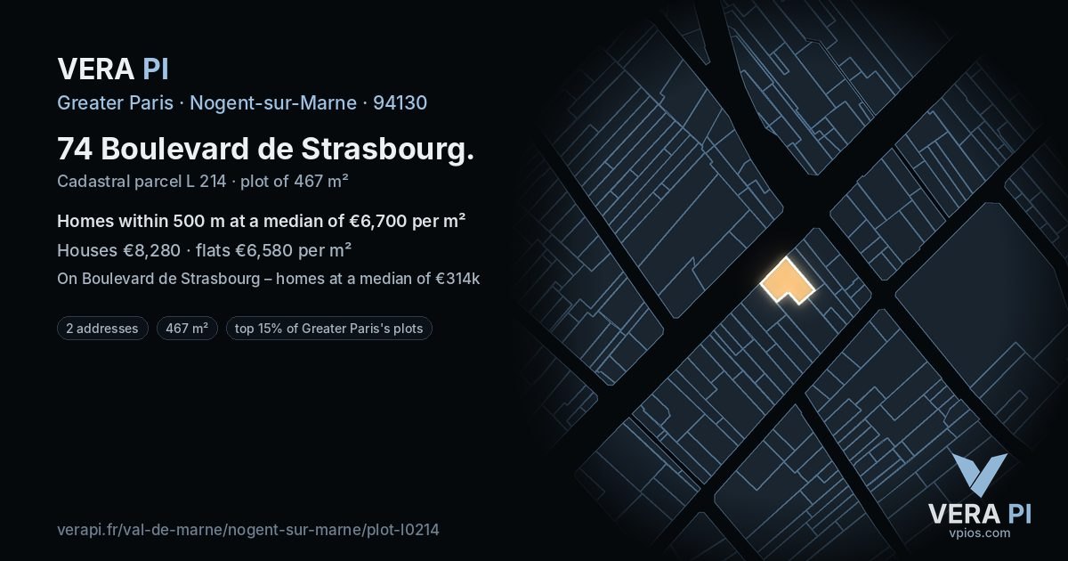 74 Boulevard de Strasbourg, Nogent-sur-Marne at night – the plot lit, the parcels around coloured by the prices near them