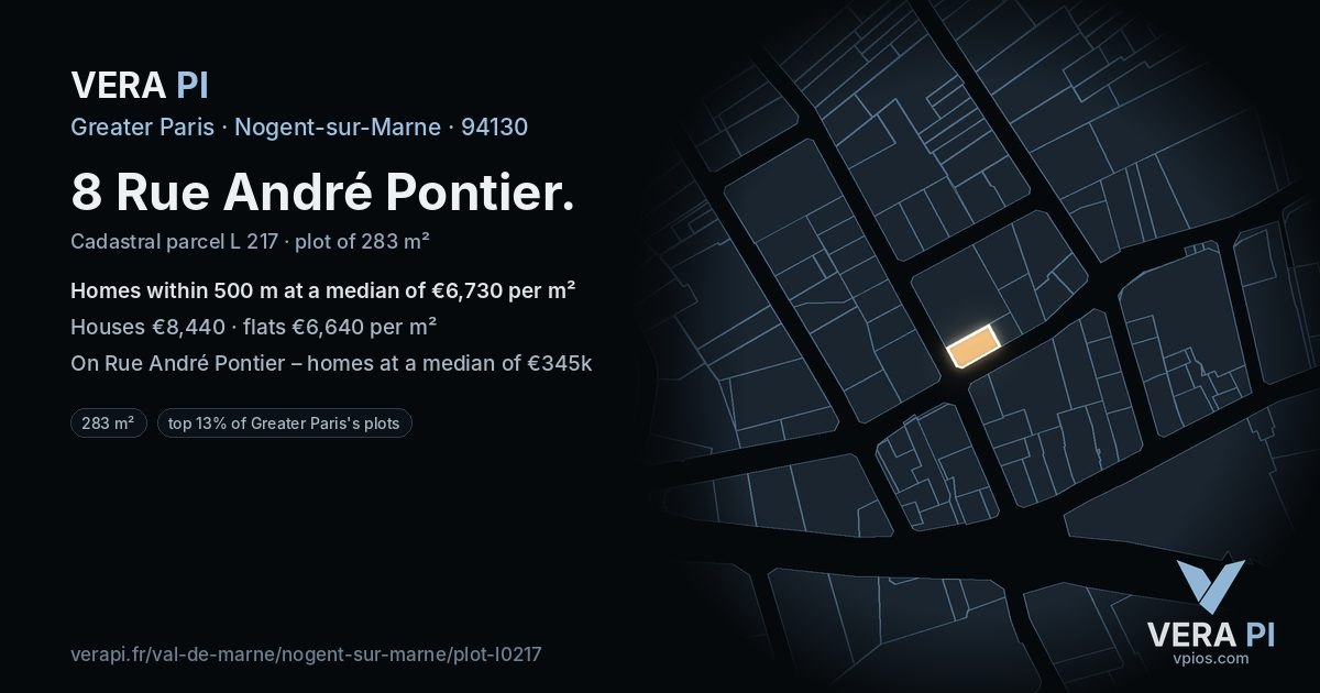 8 Rue André Pontier, Nogent-sur-Marne at night – the plot lit, the parcels around coloured by the prices near them